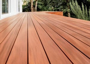 Outdoor low to the ground view of Black Label Wood Decking on patio