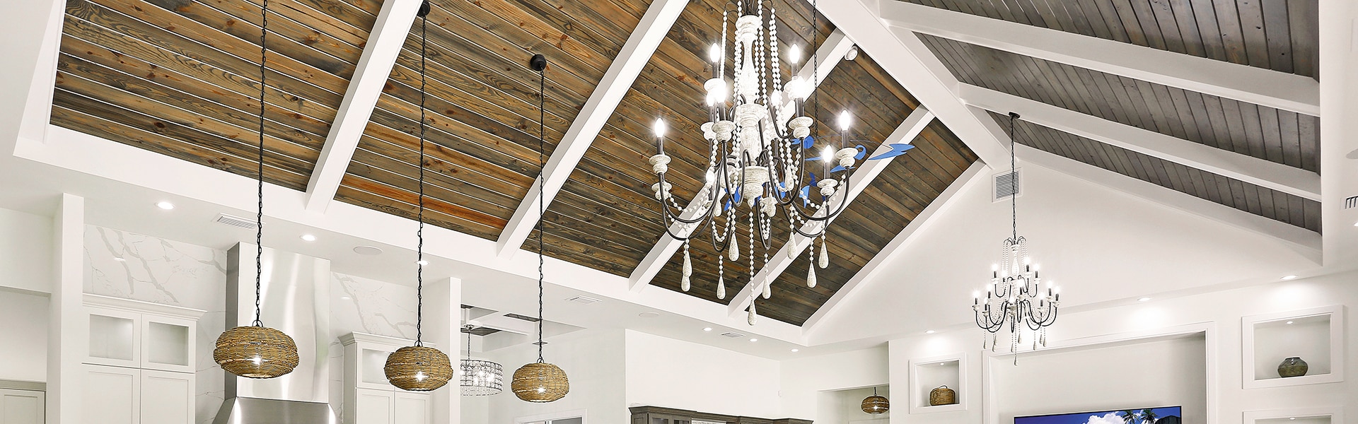Interior view of a home with ceiling wood panelling from Weekes Forest Products